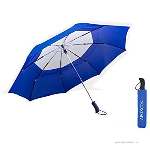 APOXCON Double Canopy Auto Open Close Folding Umbrella Windproof Waterproof Travel Umbrella Large Blue White Color