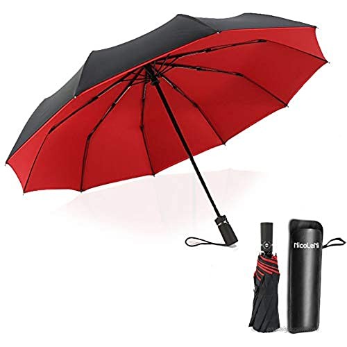 Auto Windproof Umbrella with 10 Ribs and Double Layers Compact Folding Travel Umbrella with Leather Cover for Men&Women - Perfect for Travel Rain or Storms (Red)