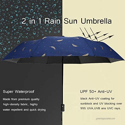 Drehome Sun Rain Umbrella UV Protection Compact Automatic Foding Travel Umbrella Portable Windproof Rainproof Parasol Umbrella Black Anti-UV Coating Blue