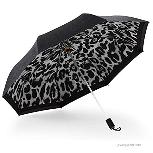 Kobold White Leopard Print Folding Parasol Umbrella Manual Open Double Layer Canopy Light for Carry on - Windproof Compact Sun/Rain Umbrellas for Travel with Teflon Coating