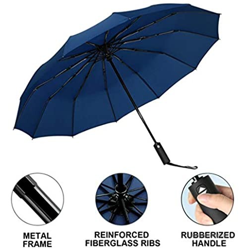 Mikos Honwa 12 Ribs Travel Umbrella Windproof Compact Umbrella Auto Open/Close Waterproof Travel Umbrella Portable Umbrellas With Ergonomic Handle (Blue)