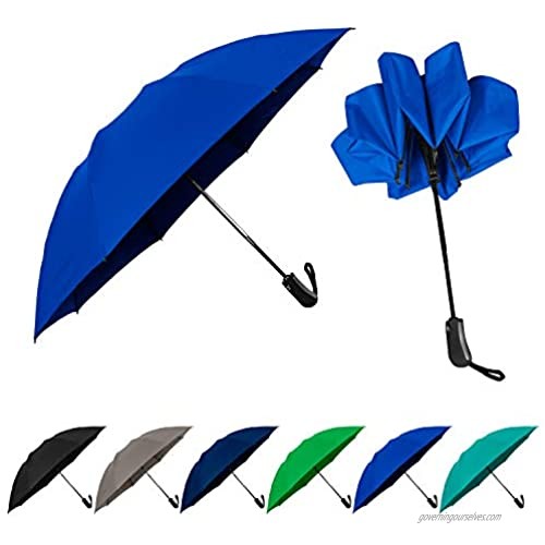 StrombergBrand Reversa (Automatic Reverse Umbrella) Compact Inverted Umbrella For Women and Men Small Folding Rain and Windproof Umbrella - Inside Out Design Outdoor Umbrella Royal Blue Umbrella