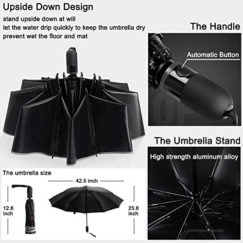 Waterproof and Sun Protection with Teflon Coating 10 Ribs Automatic Compact Folding Reverse Inverted Travel Umbrella Umbrella Include 1 Umbrella Storage Tank for Car