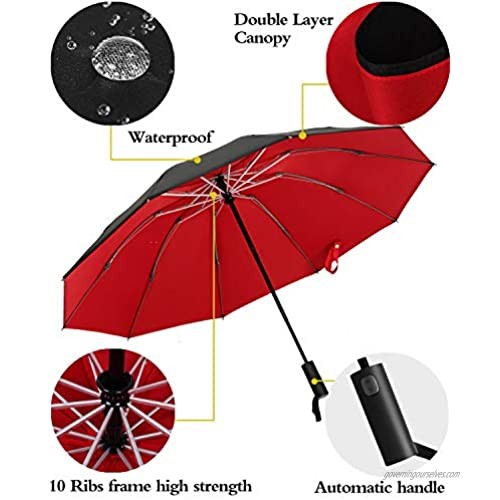Windproof Travel Umbrella Double Layer Compact Inverted Umbrella Automatic open and close Folding Reverse Umbrella for Men Women 10 ribs red
