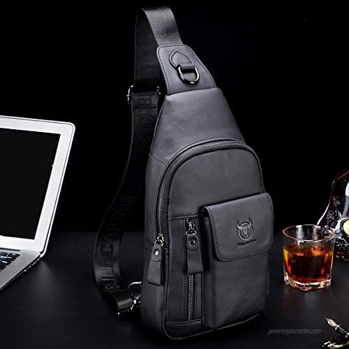 BULLCAPTAIN Genuine Leather Sling Backpack Multi-pocket Chest Bag Crossbody Daypack with Earphone Hole XB-121