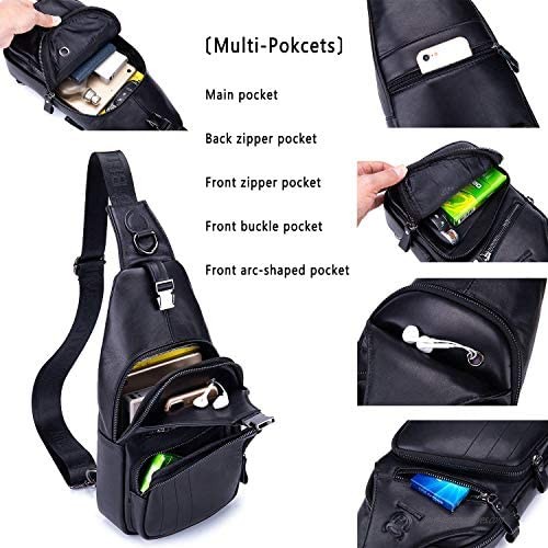 Cross body Bags for Men Leather Sling Bag Casual Daypacks Chest Bags Shoulder Bag Travel Hiking Backpacks (Black)