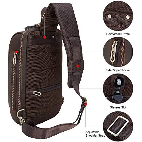 Genuine Leather Sling Bag for Men Anti-theft One Strap Crossbody Chest Shoulder Backpack with USB Fits 11 Inch Tablet