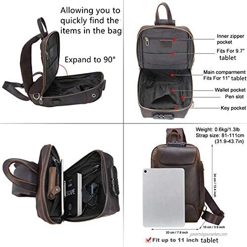 Genuine Leather Sling Bag for Men Anti-theft One Strap Crossbody Chest Shoulder Backpack with USB Fits 11 Inch Tablet