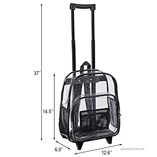 Rolling Clear Backpack Heavy Duty See Through Bookbag Transparent PVC Cold-resistant Backpack with Wheels (Black)