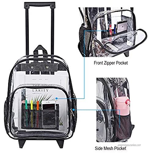 Rolling Clear Backpack Heavy Duty See Through Bookbag Transparent PVC Cold-resistant Backpack with Wheels (Black)