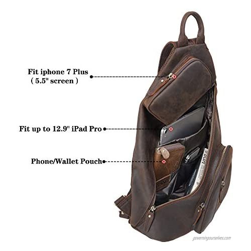 TIDING Full Grain Leather Sling Shoulder Bag For Men Large Chest Bag Travel Hiking Daypack Fits 12.9 Tablet
