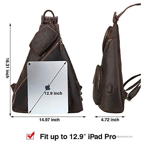 TIDING Full Grain Leather Sling Shoulder Bag For Men Large Chest Bag Travel Hiking Daypack Fits 12.9 Tablet