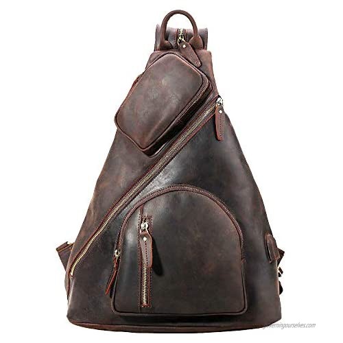 TIDING Full Grain Leather Sling Shoulder Bag For Men Large Chest Bag Travel Hiking Daypack Fits 12.9" Tablet