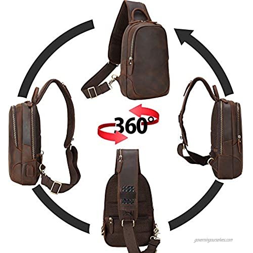 TIDING Men's Leather Sling Bag Vintage Chest Shoulder Bags Casual Crossbody Backpack with USB Charging Port