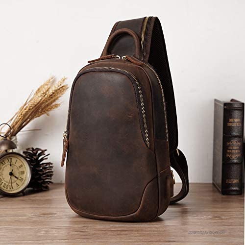 TIDING Men's Leather Sling Bag Vintage Chest Shoulder Bags Casual Crossbody Backpack with USB Charging Port