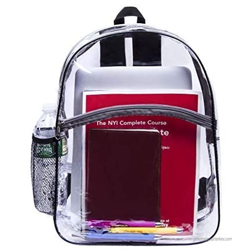 Vinyl Security Clear Bag Stadium Approved Lunch Transparent Backpack Bookbag Travel Rucksack with Black Trim Adjustable Straps & Mesh Side