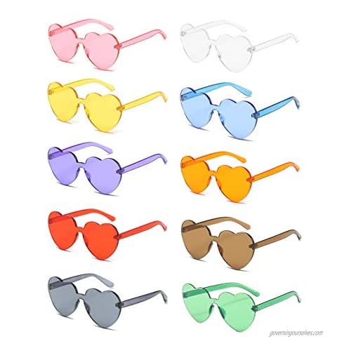 Rainy Night 10 Pack of One Piece Heart Shaped Rimless Sunglasses Transparent Candy Color Eyewear Party Favor Supplies