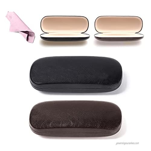 2 Pack Hard Shell Leather Eyeglasses Cases with a Glasses Cloth  for Protecting and Cleaning Glasses(Black and Brown)
