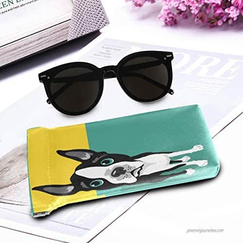 BETTKEN Sunglass Pouch Funny Boston Terrier Animal Dog Portable Eyeglasses Case Bag Squeeze Top Soft PU Leather Eyeglass Goggles Cases Holder for Kids Men Women