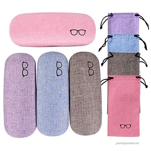 Bleiou 4 Pack Portable Hard Spectacle Case Linen Fabrics Hard Shell Eyeglasses Case with Pouch Bag
