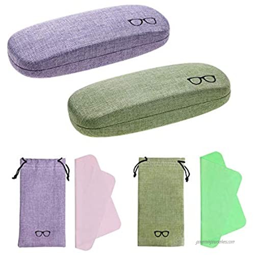 Penta Angel 2 Sets Hard Shell Eyeglasses Case Portable Fabric Linen Drawstring Protective Glass Pouch Bags with Cleaning Cloth for Glasses Storage  Purple and Green