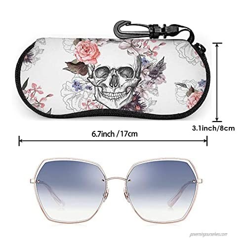 Srupiomg Hand drawn artistic flowers and skulls Ultra Light Portable Neoprene Zipper Sunglasses Eyeglass Soft Case with Belt Clip Glasses Case with Carabiner