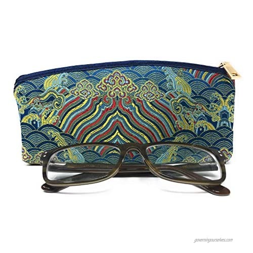 Value Arts Blue Zippered Soft Eyeglass Case Pouch Vaco Chic Chinese Silk 7.25 Inches Long