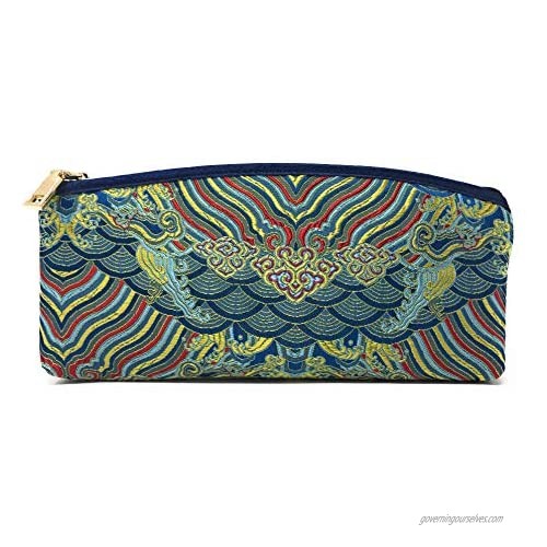 Value Arts Blue Zippered Soft Eyeglass Case Pouch  Vaco Chic Chinese Silk  7.25 Inches Long