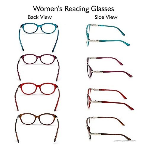 Reading Glasses Women - 4 Pack Stylish Readers - Spring Hinge Designer Ladies Fashion Reading Glasses - Bright Colors