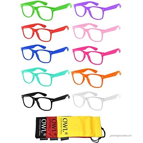 Retro Style Vintage Clear Lens Sunglasses Colored Frame 10 Pack OWL