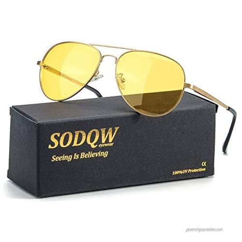SODQW Aviator Night-Vision Driving Anti-Glare Glasses  HD Sight Polarized Yellow Night Guide Rainy Safe Glasses