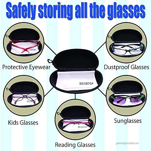 REARNI Glasses Case Semi Hard Shell Zipper Box & Cleaning Cloth (Black 3Pack)