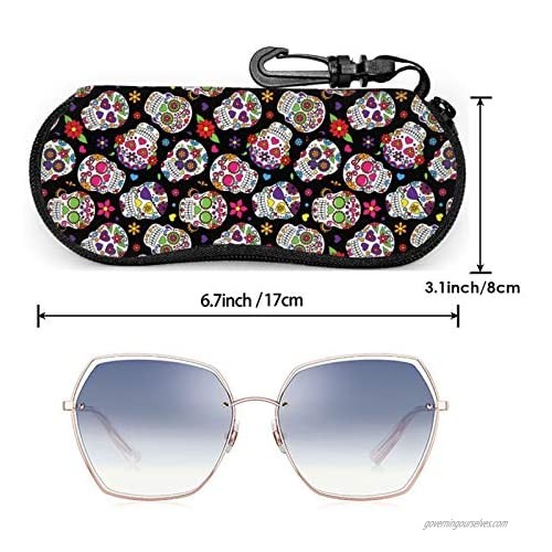 Sugar Skull Eyeglasses Soft Case Day Of The Dead Seamless Pattern Floral Sunglasses Case Neoprene Eyewear Bag With Zippr Hook