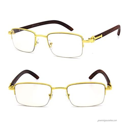 For Men's Gold Color Wood Effect Metal Frames Vintage Style Retro Eye Clear Lens Glasses
