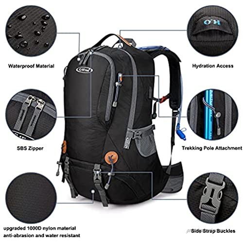 G4Free 50L Hiking Backpack Waterproof Daypack with 2L BPA Free Bladder for Outdoor Camping Climbing Backpack with Rain Cover for Men Women(Black)