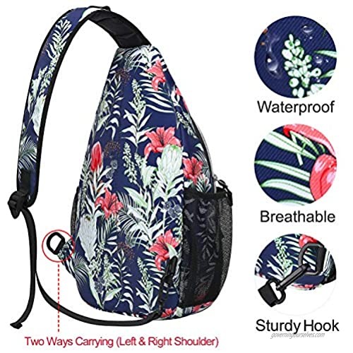 MOSISO Sling Backpack Travel Hiking Daypack Pattern Rope Crossbody Shoulder Bag Navy Blue Base Tulip