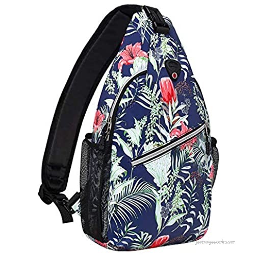 MOSISO Sling Backpack Travel Hiking Daypack Pattern Rope Crossbody Shoulder Bag  Navy Blue Base Tulip