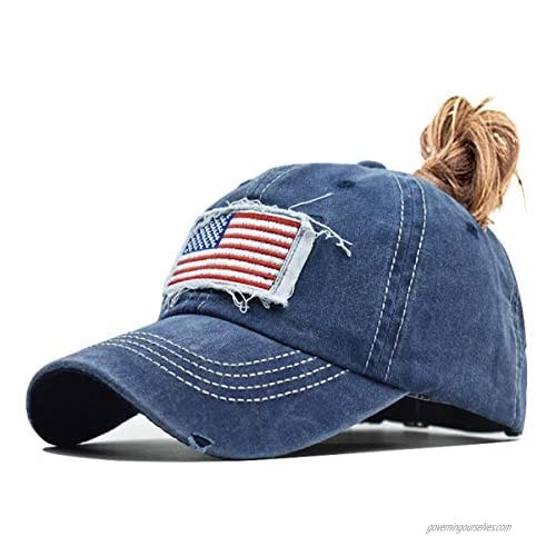Jumsky Women High Ponytail Baseball Caps Washed Cotton Plain Dad Hat