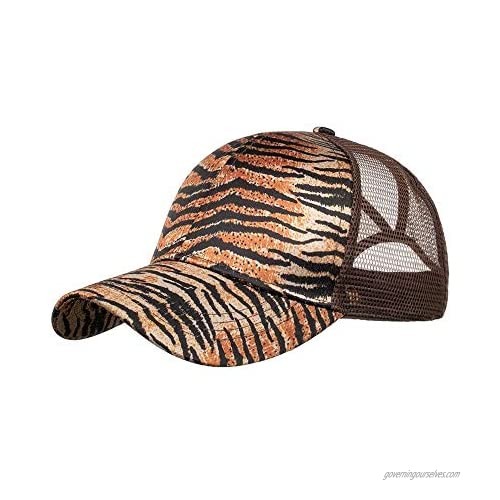 Leopard Mesh Trucker Hat Ponycap Messy High Bun Ponytail Adjustable Baseball Cap