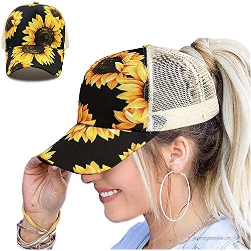 Sunflower Baseball Cap Criss Cross Design Ponytail Hollow Adjustable Washed Mesh Splicing Sun Hat Black