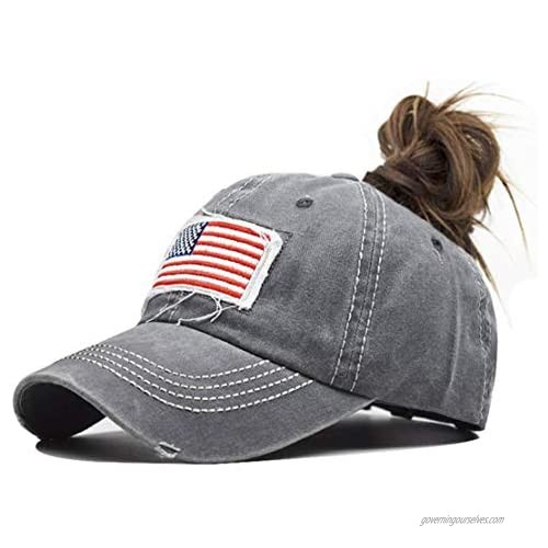 UTOWO American-Flag Baseball-Hat Distressed Ponytail Dad Caps