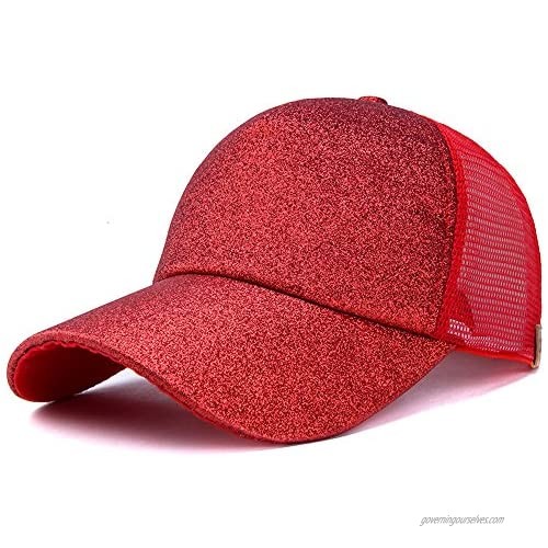 WGIA Ponytail Baseball Cap Glitter Mesh Ponycap Shiny Messy Bun Snapback Adjustable Sun Hat for Women