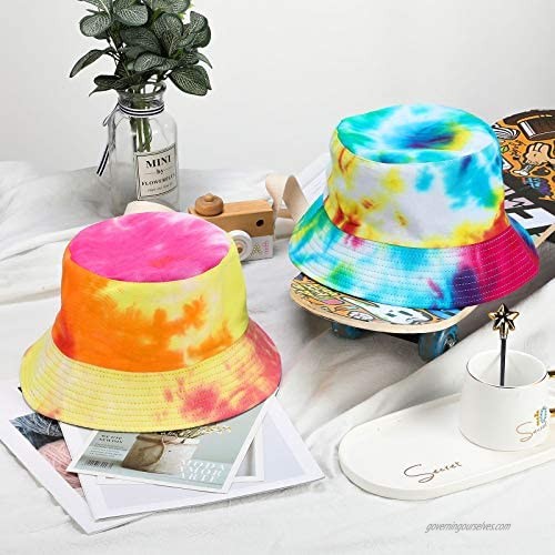 2 Pieces Reversible Tie Dye Bucket Hat Multicolored Fisherman Cap Women Fisherman Hat Summer Sun Protection Packable for Outdoor Traveling 2 Colors