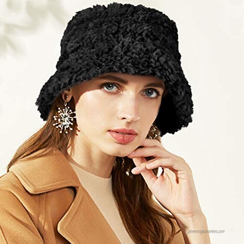 Black Women Winter Bucket Hat Warm Faux Fur Fisherman Hats Windproof Cloche Cap