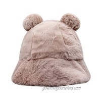 BOLLEY JOSS Women Leopard Faux Fur Bucket Hat Warm Fluffy Winter Fisherman Hat Cute Cloche Cap with Pompom Ears for Girls