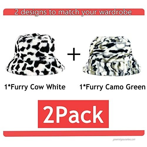 Bucket hat Women Cow Camo Print 2 Pack Furry Warm Men Faux Fur Soft Fisherman Hat Elegant Adjustable Winter Spring (Black White Green)