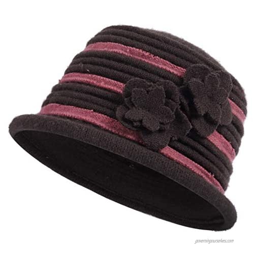 DENOTA Womens Vintage Cloche Hat 1920s Wool Hat Winter Floral Bucket Hat C021