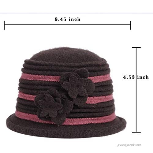 DENOTA Womens Vintage Cloche Hat 1920s Wool Hat Winter Floral Bucket Hat C021