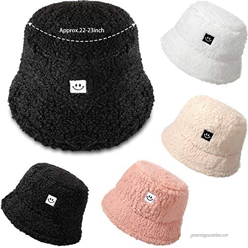 Geyoga 4 Pieces Women Winter Plush Bucket Hats Teddy Style Vintage Bucket Caps Smiling Face Faux Fur Wool Warm Hat 4 Colors (Black White Nude Color Pink)