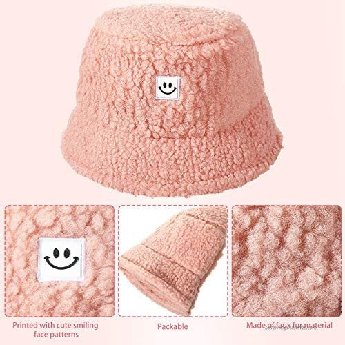 Geyoga 4 Pieces Women Winter Plush Bucket Hats Teddy Style Vintage Bucket Caps Smiling Face Faux Fur Wool Warm Hat 4 Colors (Black White Nude Color Pink)